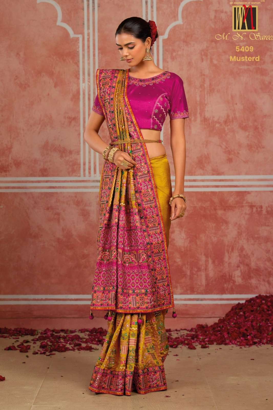 MN 24053 Silk saree with diamond and heavy mirror work For wedding wear 