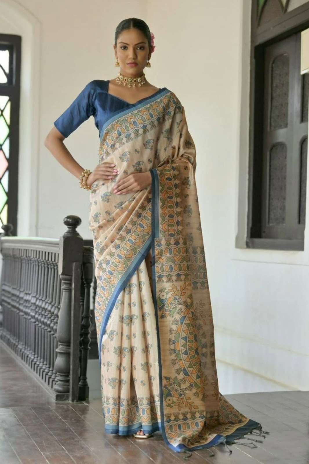 Shri Balaji 4867 Soft Tussar silk saree with beautiful madhubani print