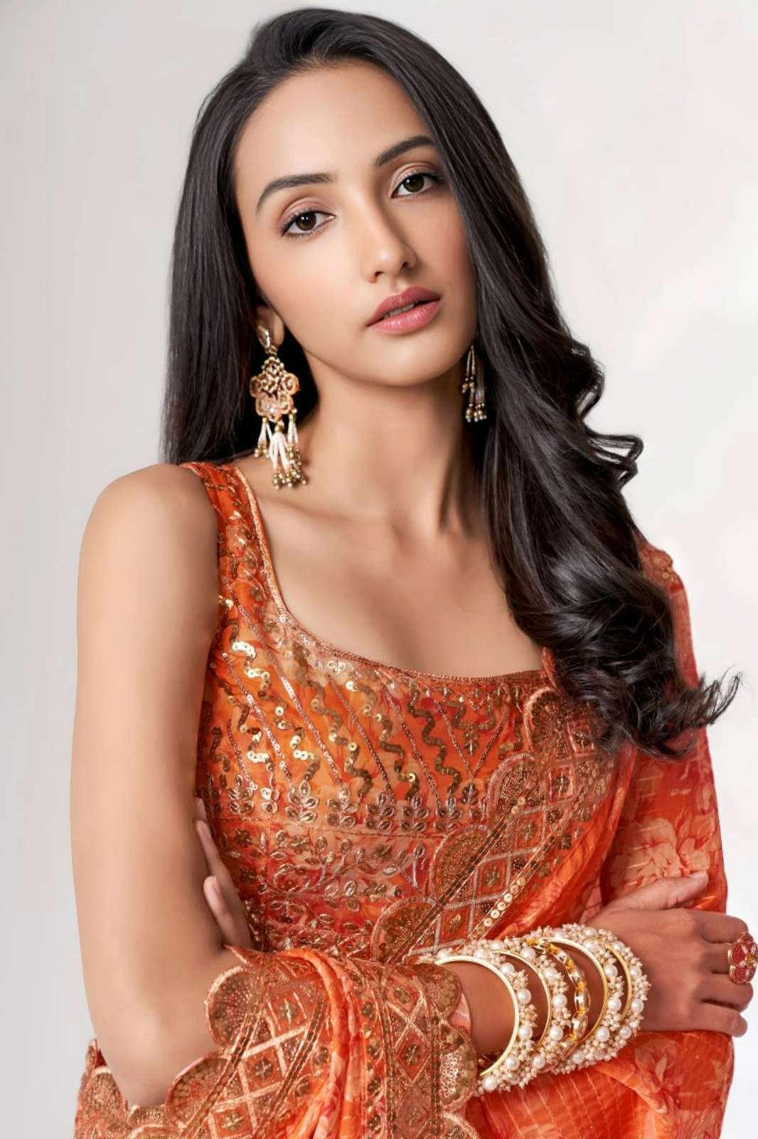 Shri balaji emporium 1102 Orange Organza Zari and Sequins Embroidery work Floral Digital Printed Saree