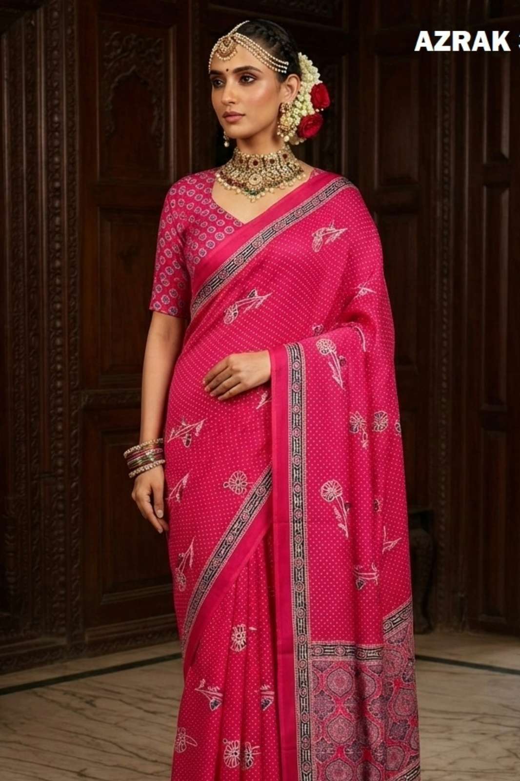 Shri Balaji Emporium Malai Crepe Soft silk AZRAK SAREES 