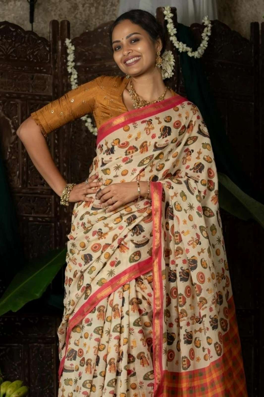 Shri balaji emporium MG690 Linen Digital Print saree with gold zari border