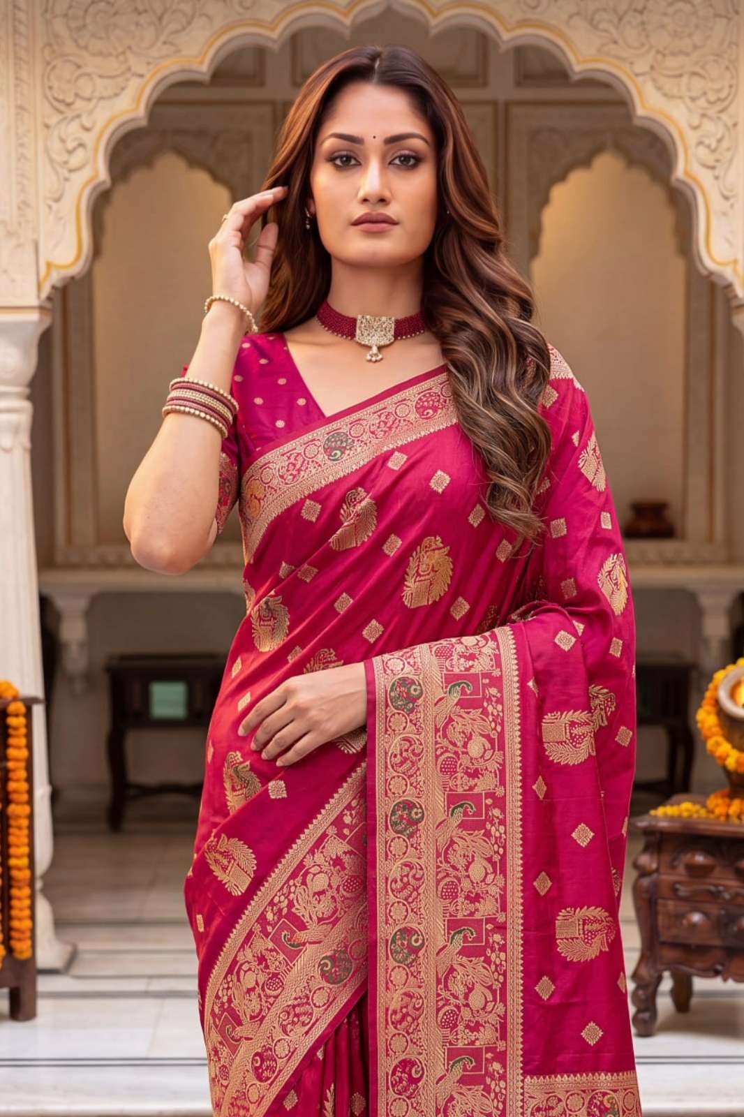 Shri balaji emporium TF 424 Pure Nylon Satin zari Thread Weaving work sarees