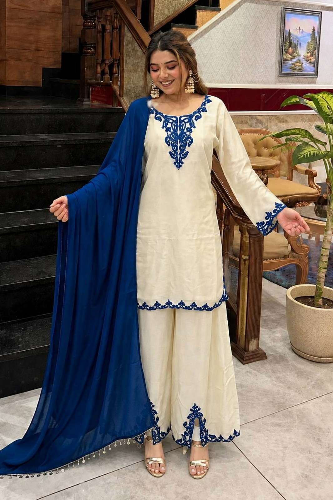 Shri Balaji HK 1744 Palazzo And Dupatta Set Fully Stitched Ready To Wear Cotton Suit 