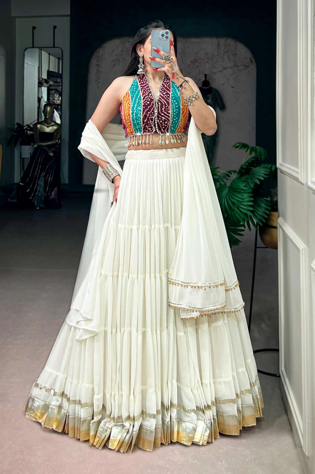 Shri Balaji LNB1793 Rayon Bandhani Printed 3 pcs festive Lehenga 