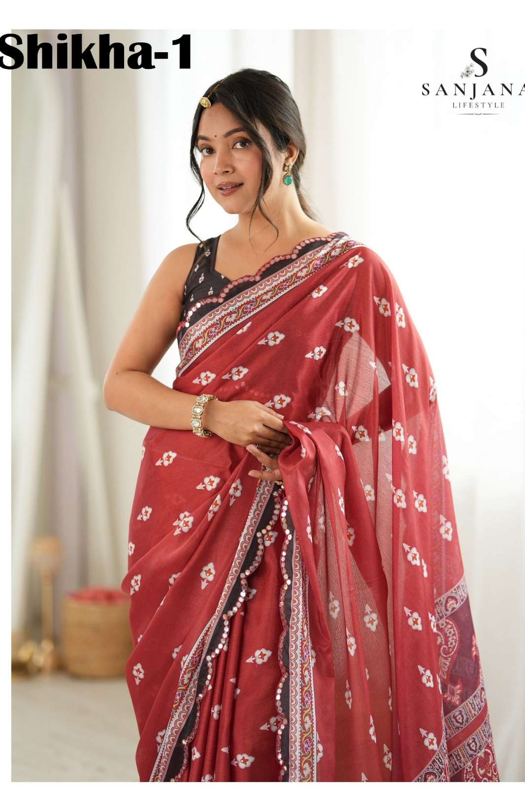 Shri Balaji presents Shikha 1 Digital Block Print Chinon Fabric saree