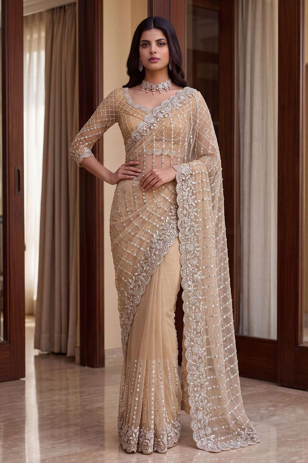 Shri balaji ZARIVAAH Soft Net festive wear sequence pearls Embroidery Work saree collection.