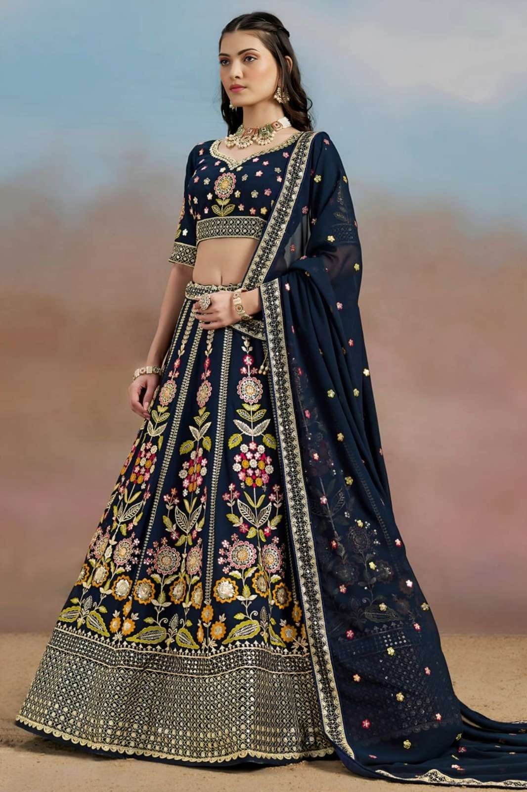 Zeel 6008 Blue Georgette Blue Floral Embroidered Lehenga Choli 
