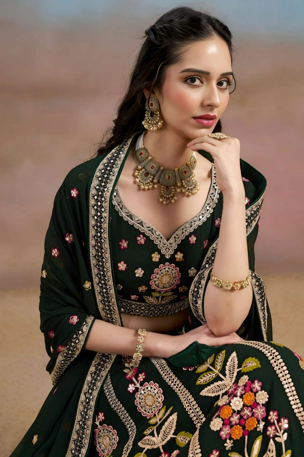 Zeel 6008 Green Georgette Bottle Green Multicolor Floral Embroidered Lehenga 