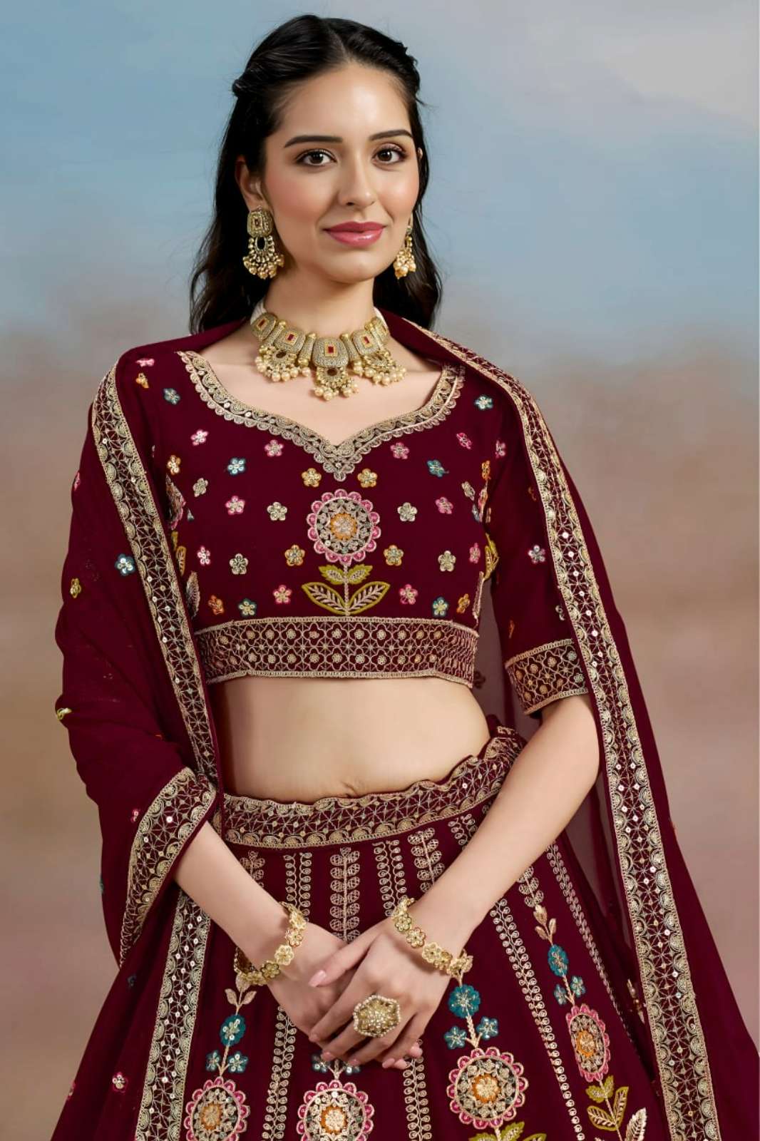 Zeel 6008 Maroon Georgette Zari Dori Multicolor Thread & Sequins Embroidery Work lehenga 