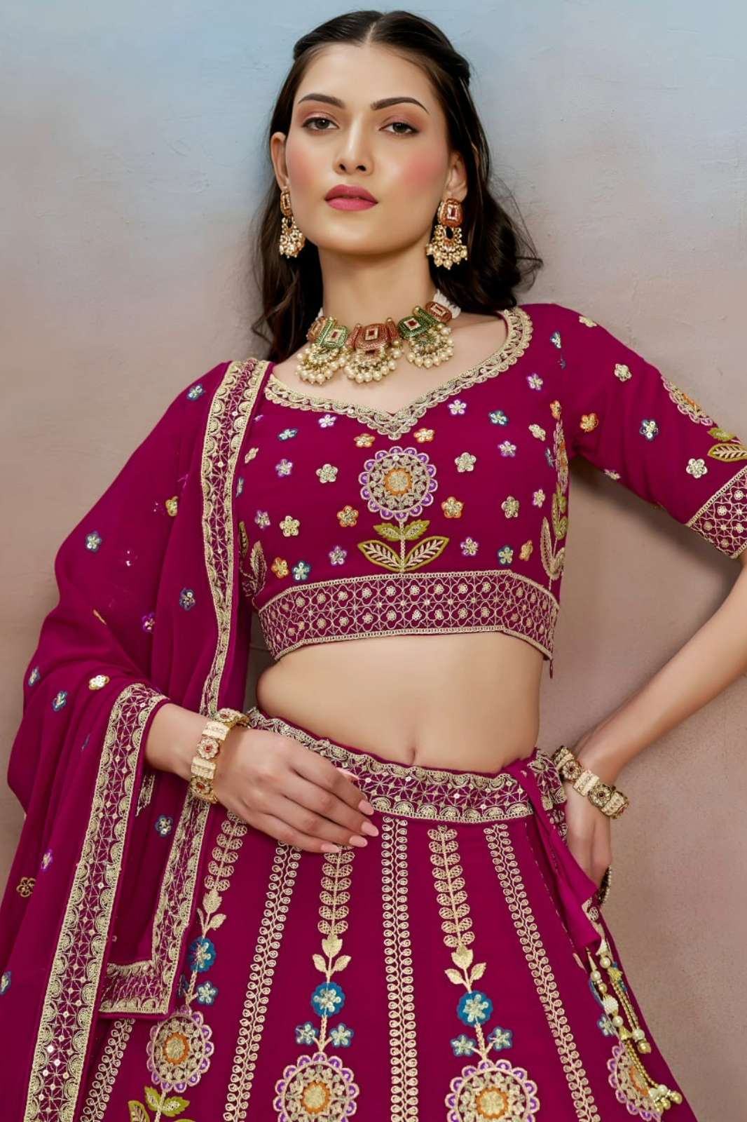 Zeel 6008 Pink Georgette Zari Dori Multicolor Thread & Sequins Embroidery Work lehenga 