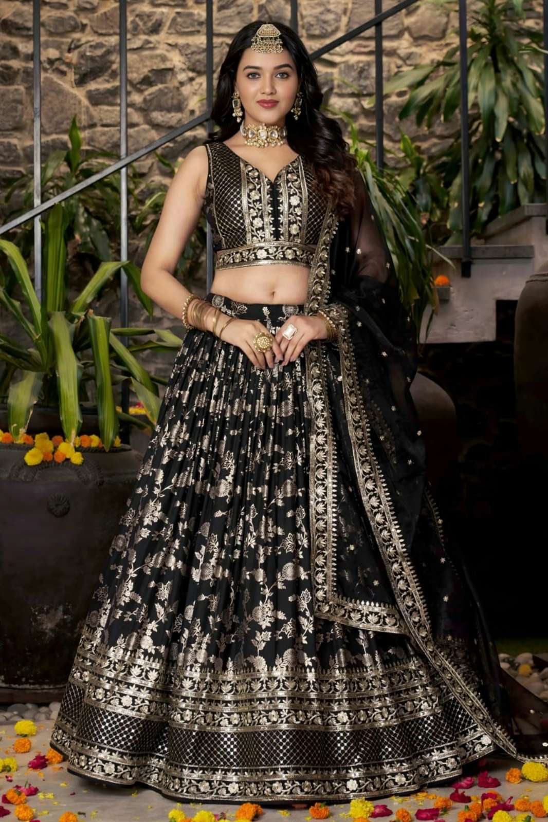 Zeel 7100 Black Dola Silk Jacquard fabric Zari & Sequins Embroidery Work lehenga 