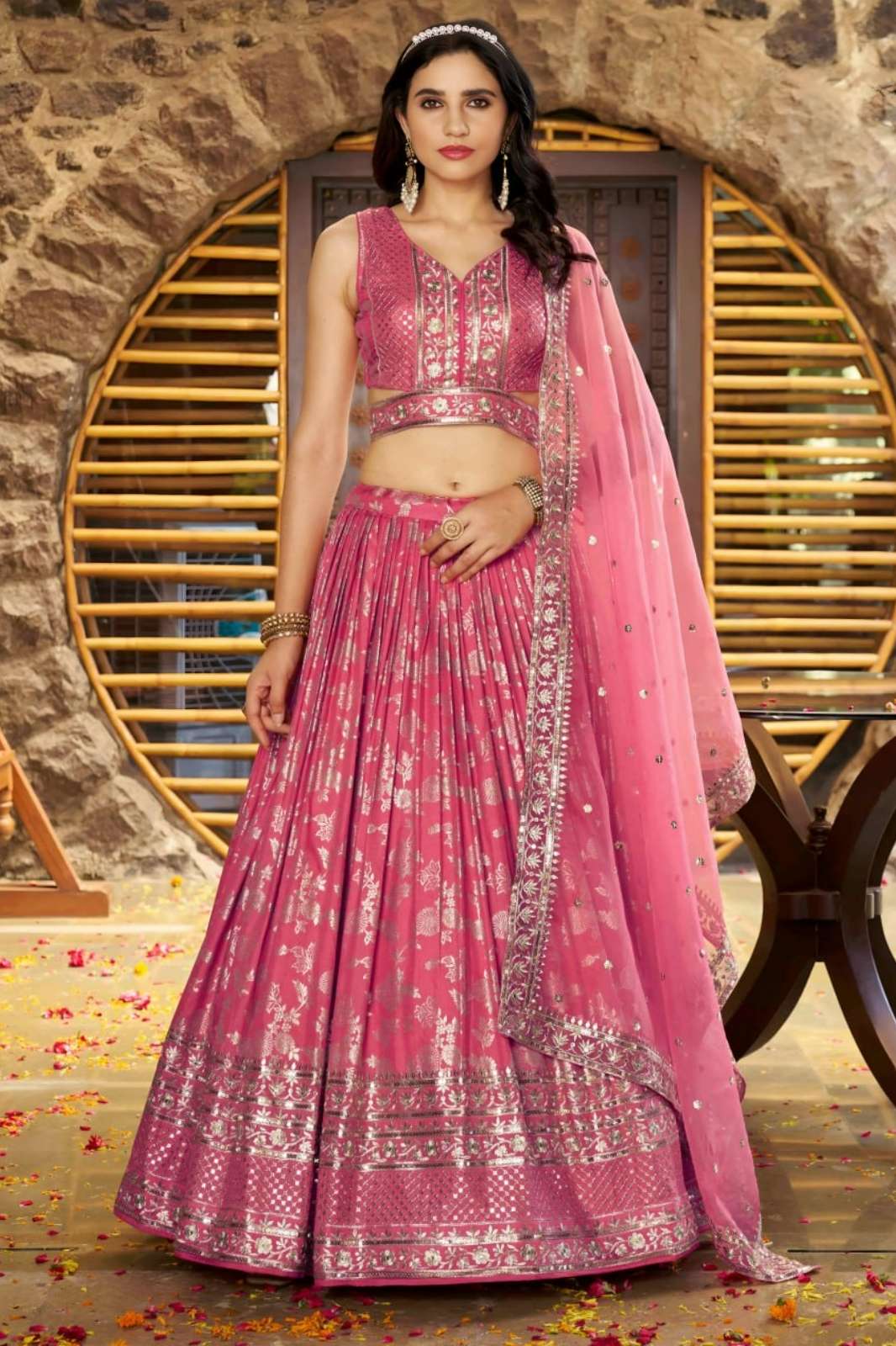 Zeel 7100 Peach Dola Silk Jacquard fabric Zari & Sequins Embroidery Work lehenga 