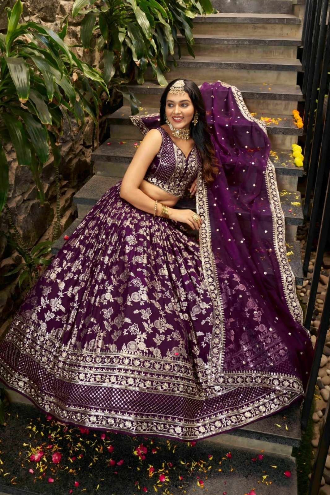 Zeel 7100 Wine Dola Silk Jacquard fabric Zari & Sequins Embroidery Work lehenga 