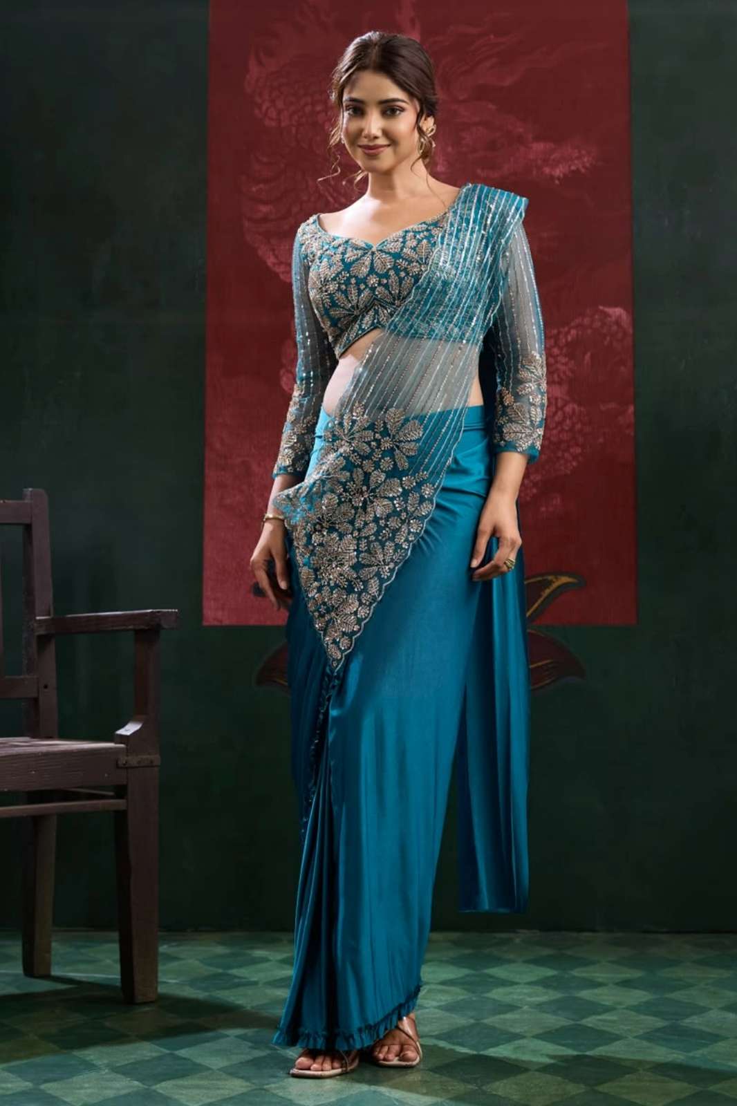 Amoha 102438 Ready To Wear Imported Lycra Saree With Bead Work