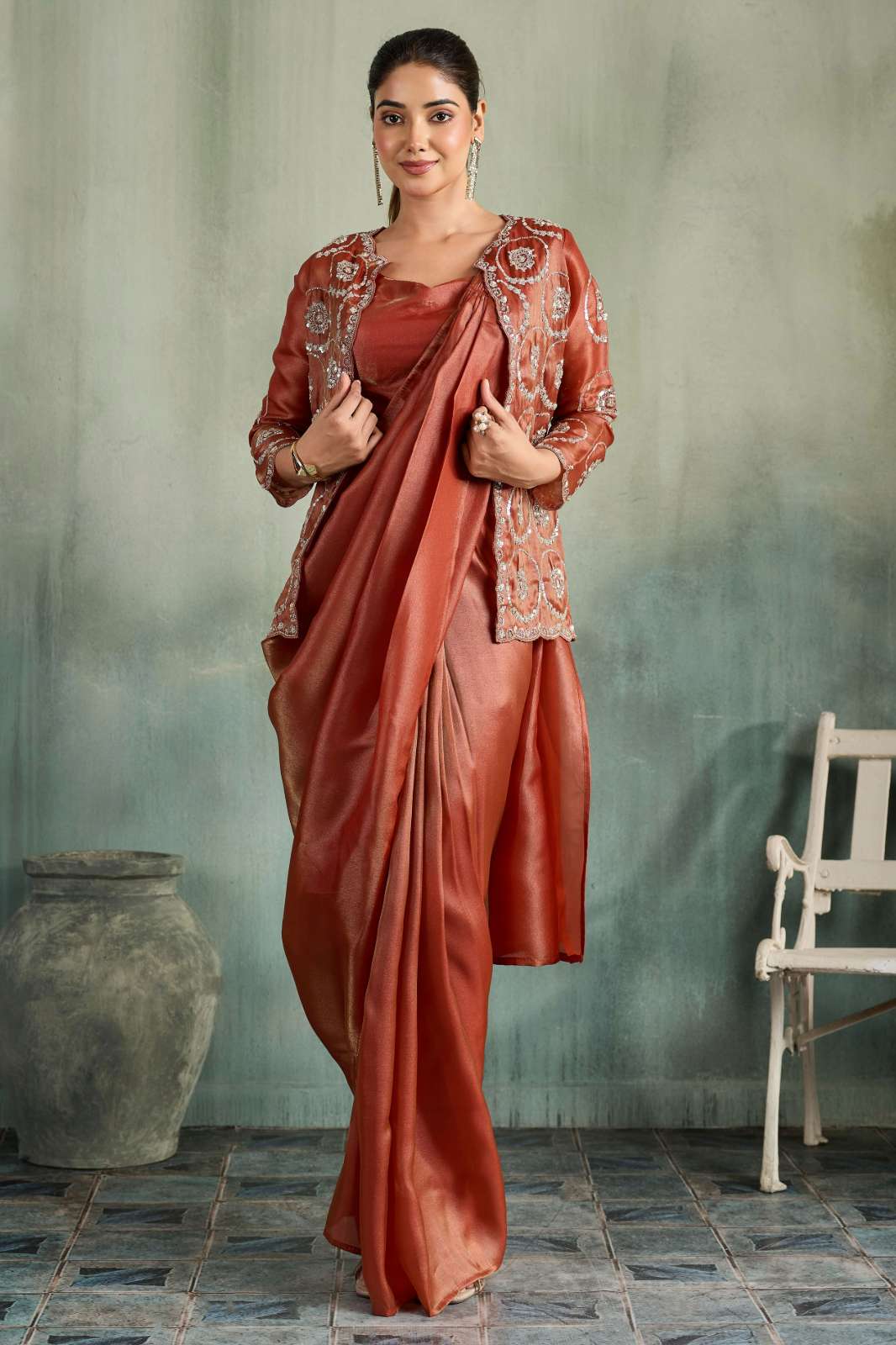 Amoha A575 Ready To Wear SHIMMER ORGANZA SAREE WITH HANDWORK JACKET 