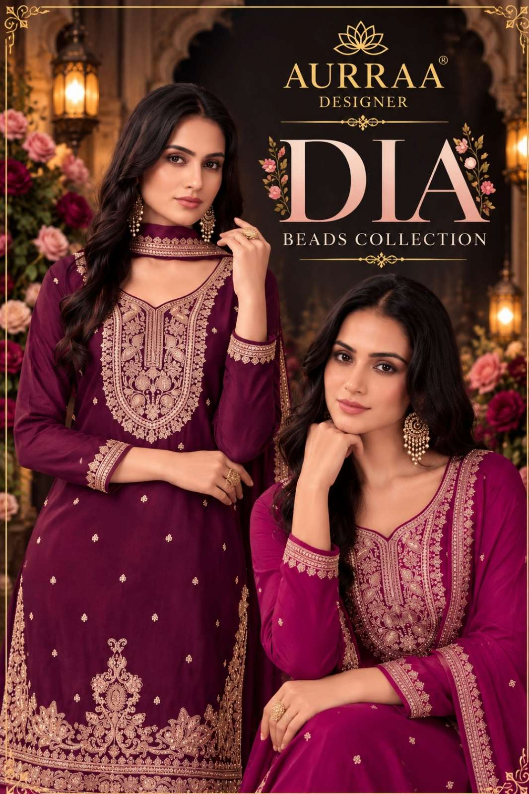AURRAA DESIGNER PRESENTS DIA PREMIUM CHINON  BEADS WORK DESIGNER SUIT 