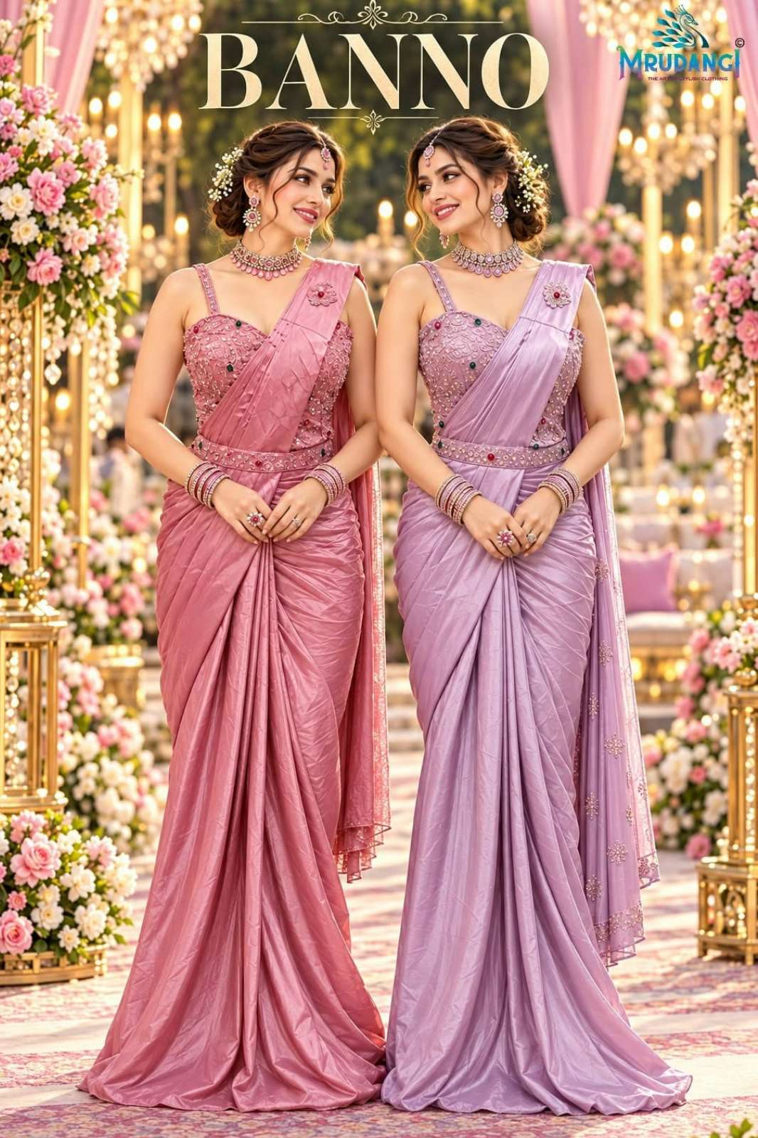 MRUDANGI BANNO PREMIUM  SATIN  READY TO WEAR HEAVY WORK SAREE 