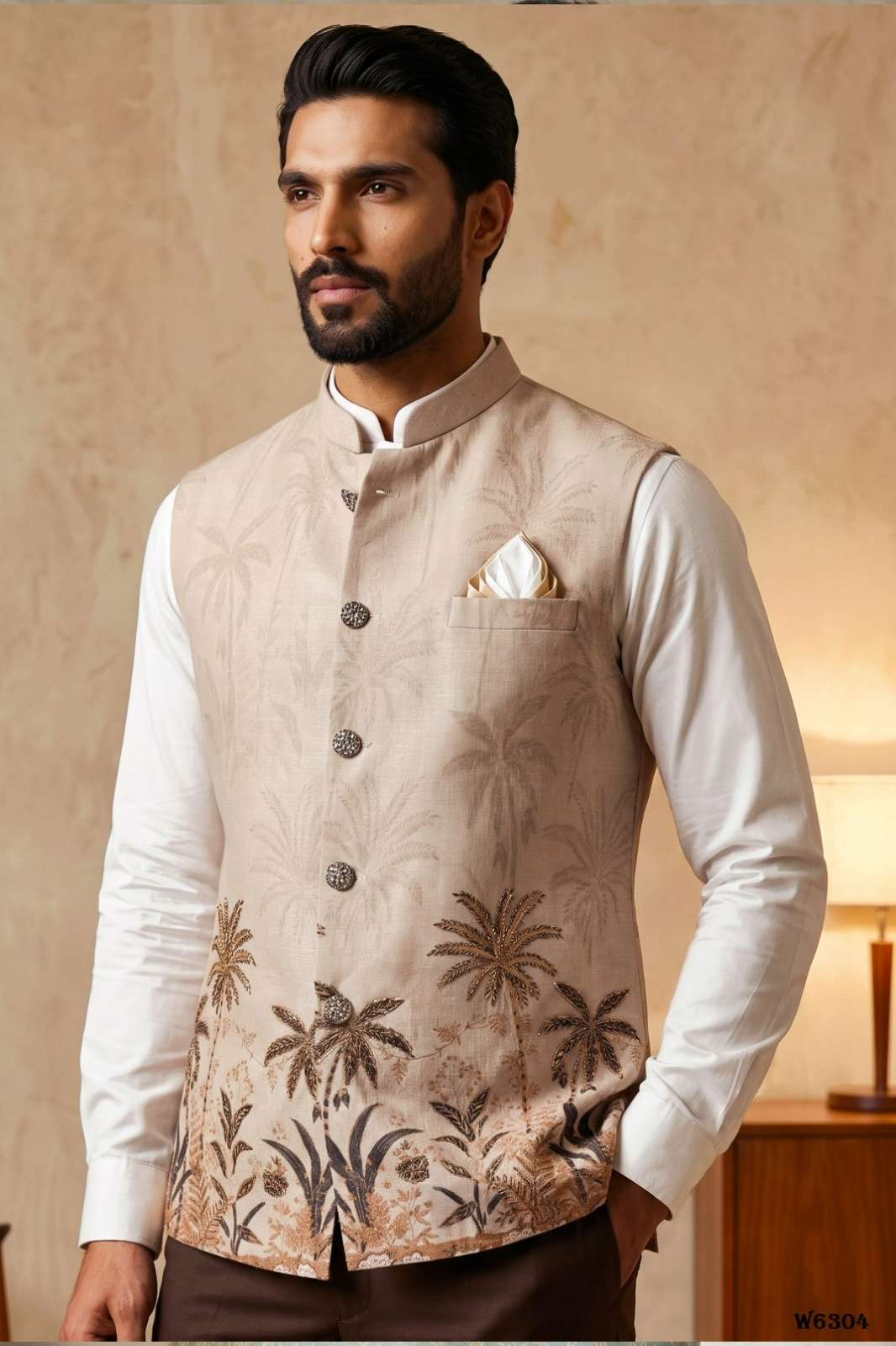 Outluk Wedding 63 presents Digital Print with Handwork Linen Fabric Indo western kurta pajama