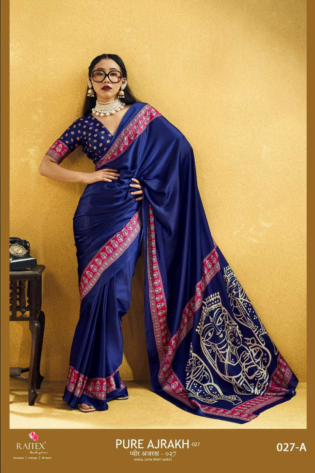 Rajtex Pure Ajrakh 027 Ajrakh Printed Modal Satin Saree collection 