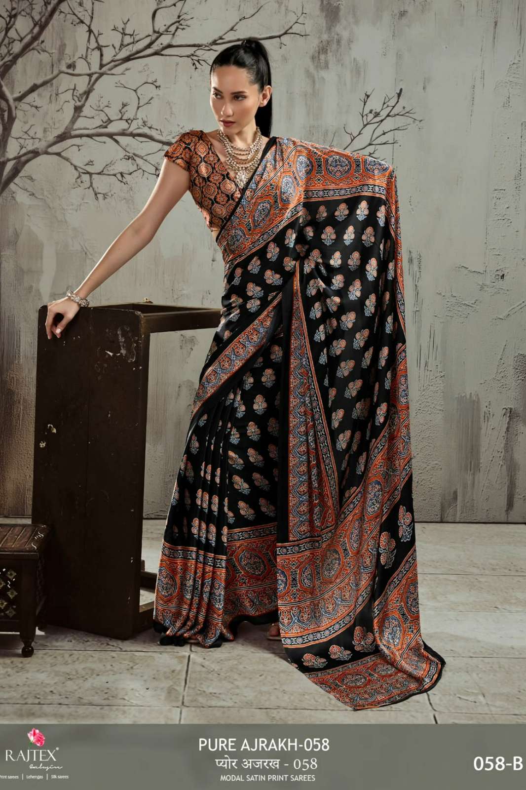 Rajtex Pure Ajrakh 058 Ajrakh Printed Modal Satin Saree collection 