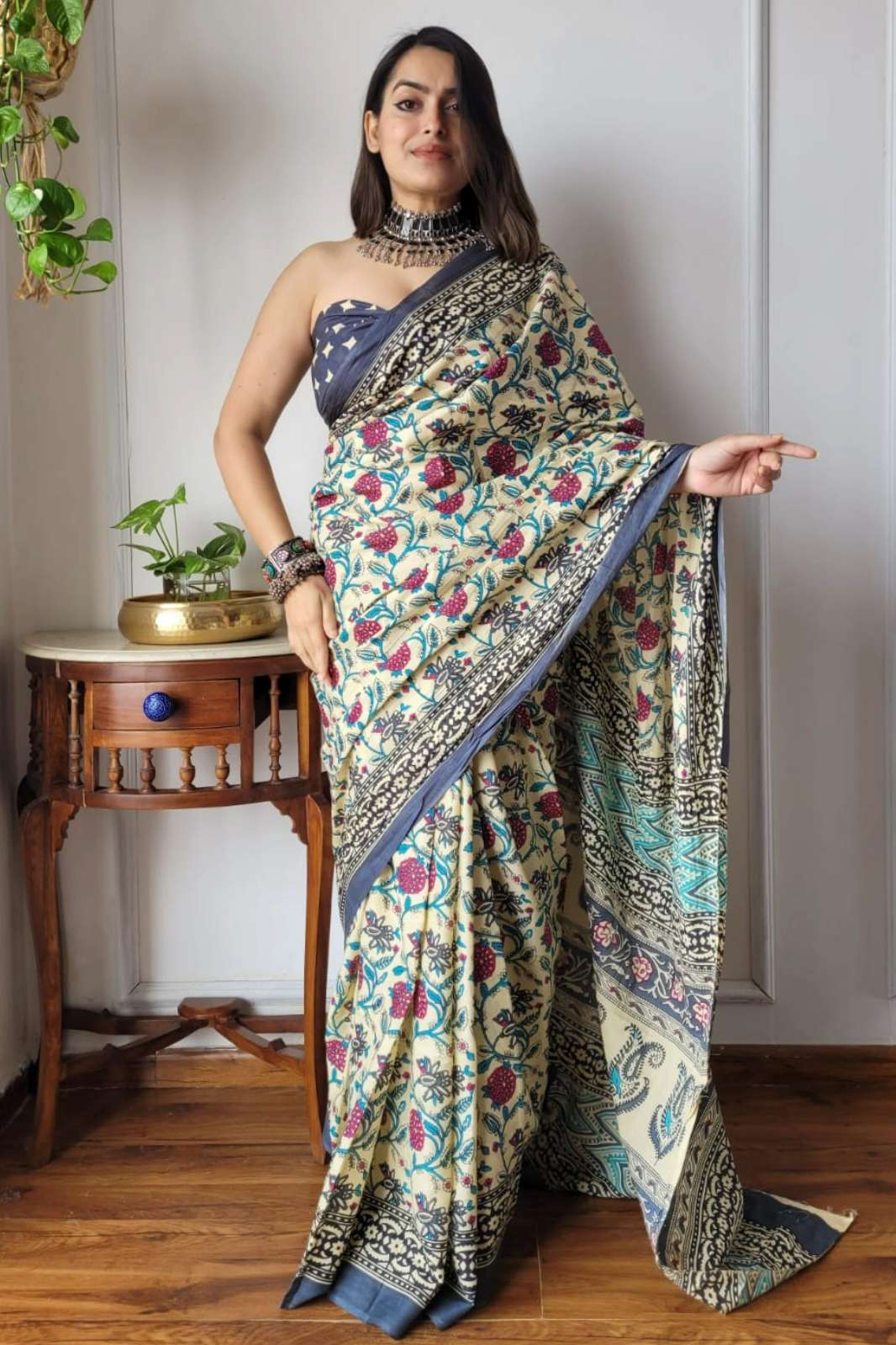 Shri Balaji 24387 Traditional Ajrakh printed Maheshwari silk Saree