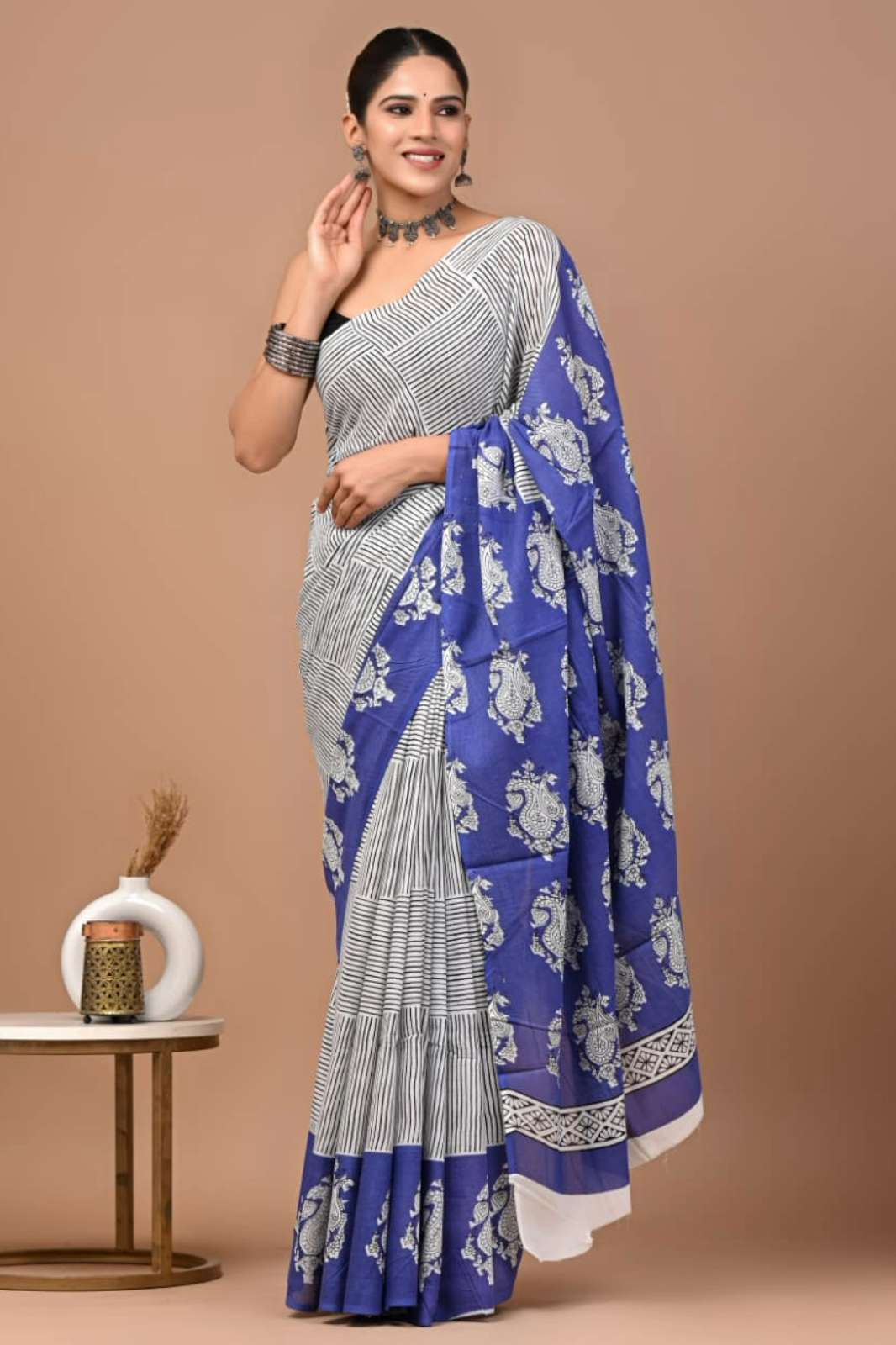 Shri Balaji presents 24381 Bagru Block Print Cotton mulmul Saree collection
