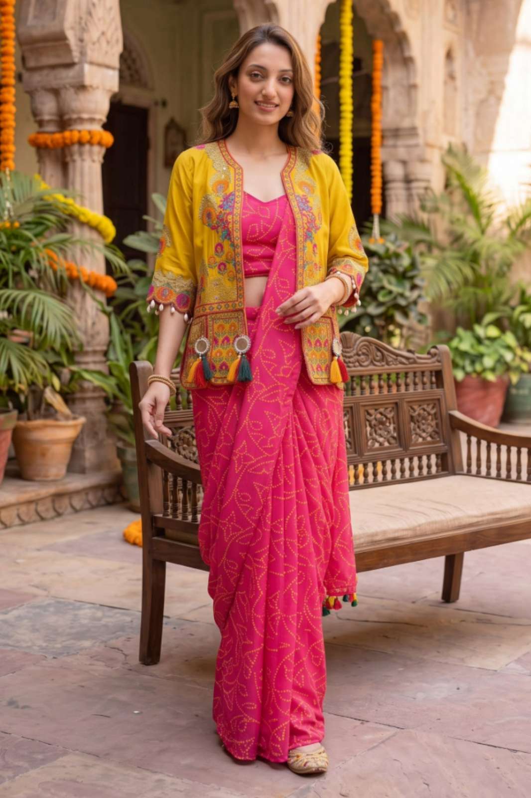 Shri balaji presents BB 101 ready to wear Heavy Chinon Silk Saree with embroidered jacket 