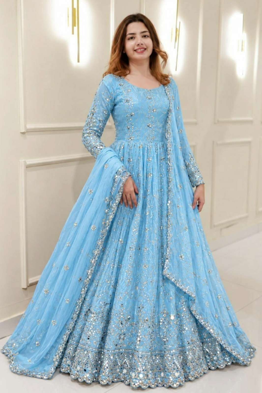 Shri Balaji presents DV 26137 Premium Fendi fabric Embroidery & Sequin Work Designer Anarkali style gown