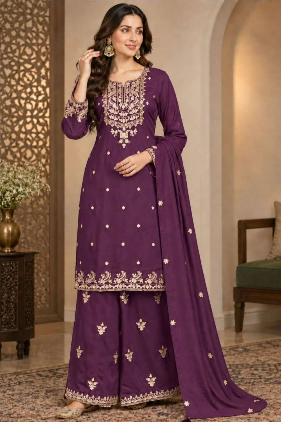 Shri Balaji presents DV  26711 Chinon fabric embroidered sequence & jari work Designer suit 