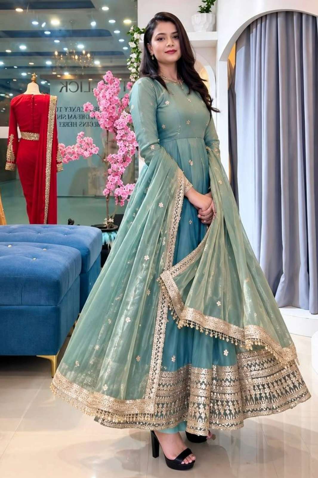 Shri Balaji presents SSR 553 Fendi Silk With Heavy Embroidery And Sequins Work ready to wear suit 