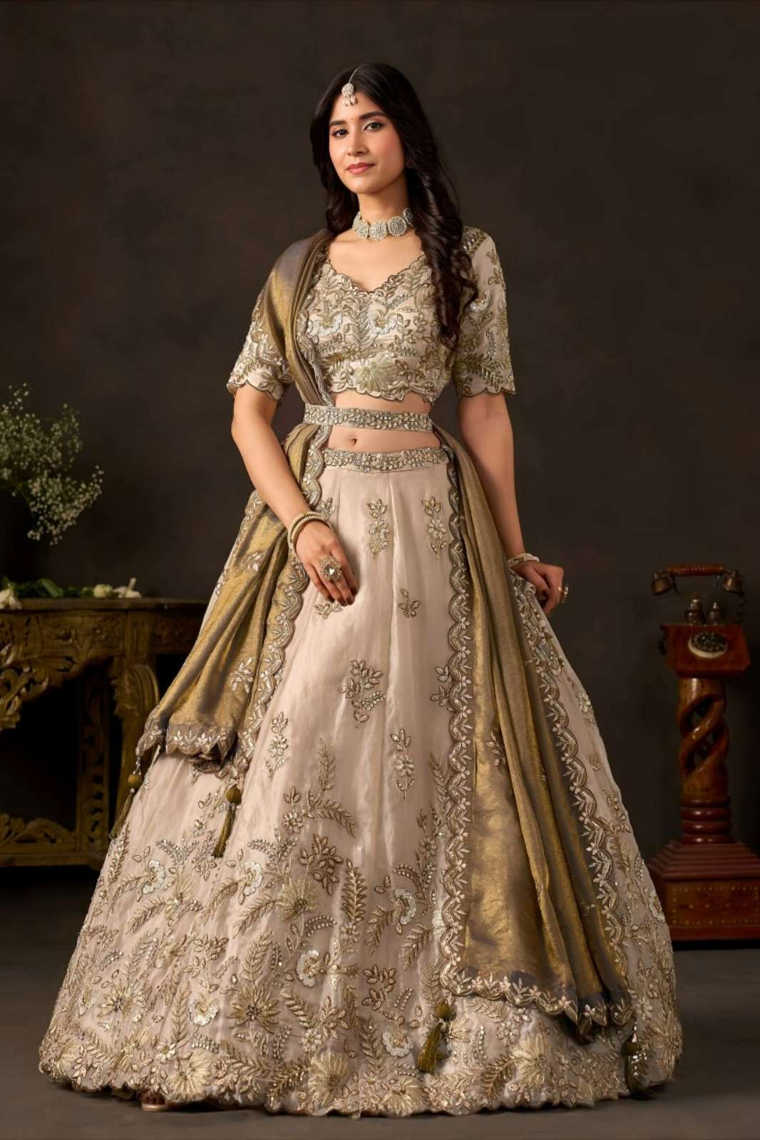 Zeel presents 6019 BRONZE GOLD Fendy Silk lehenga with Zari Dori Multiple Sequins and Thread Embroidery Work