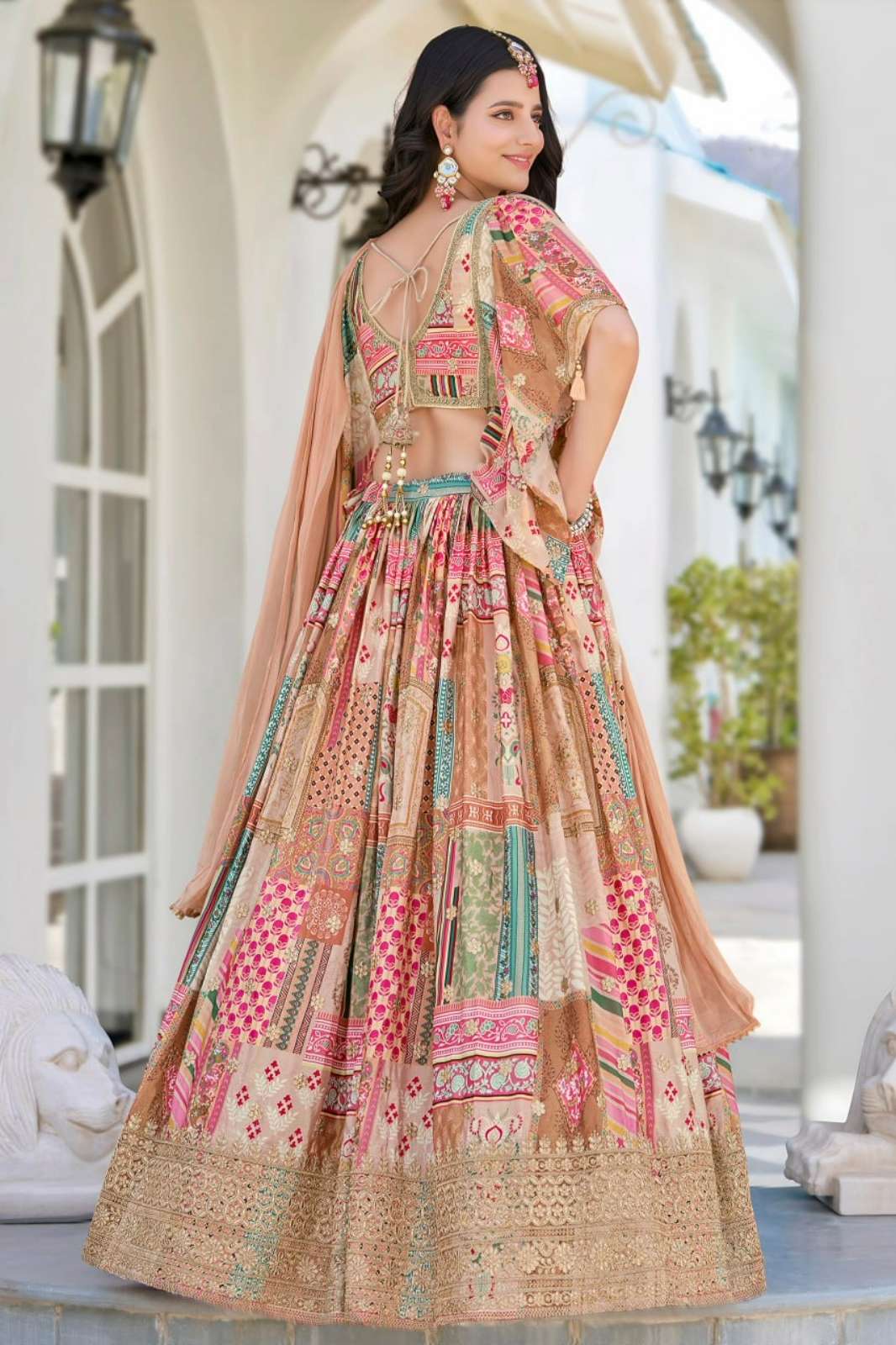 Zeel presents 7050 Beige Chinon Silk lehenga with Digital Print with Zari and Dori Embroidery Work
