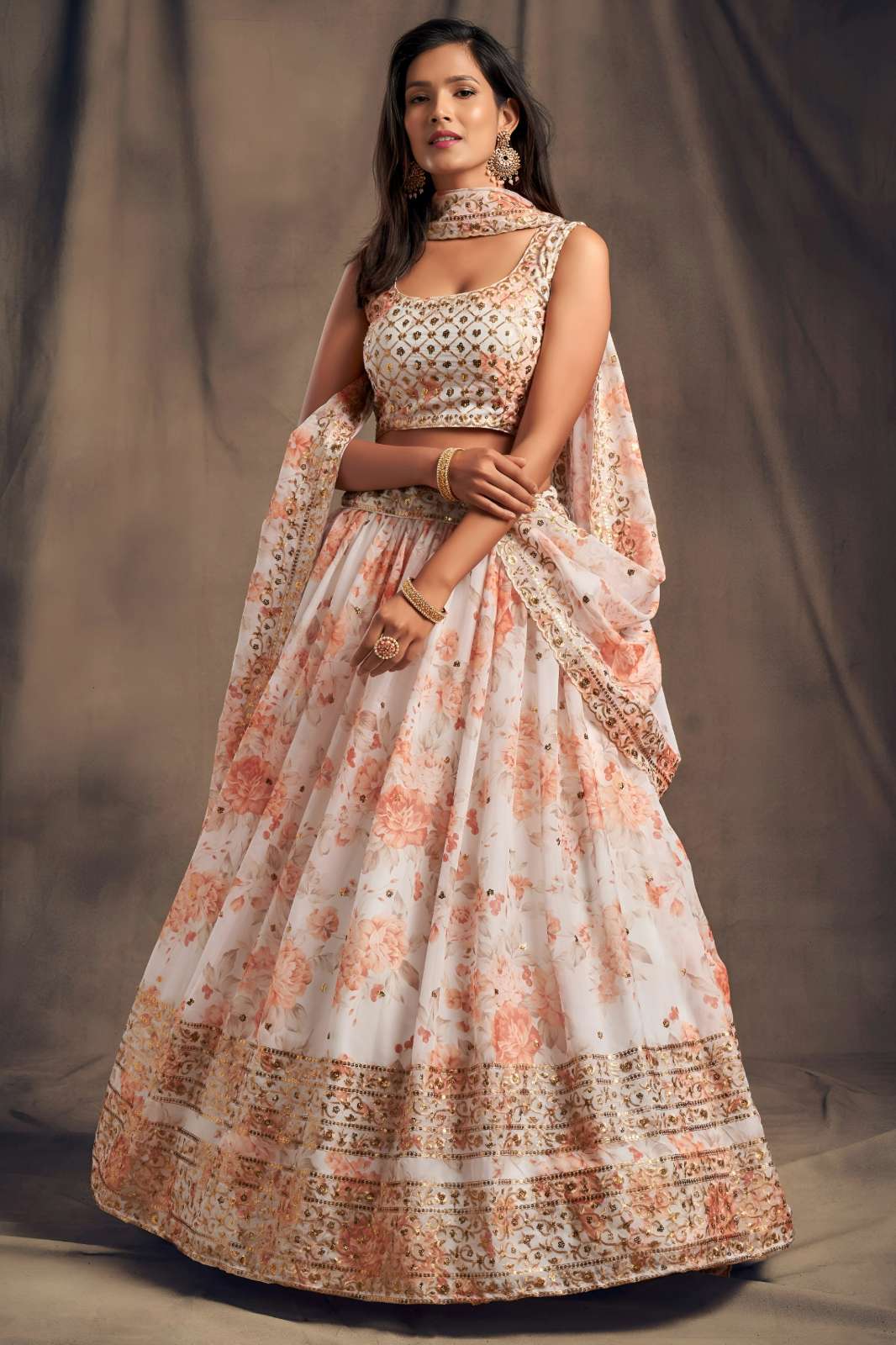 Zeel presents 7611 Organza  lehenga with Floral Print, Sequins & Zari Embroidery Work