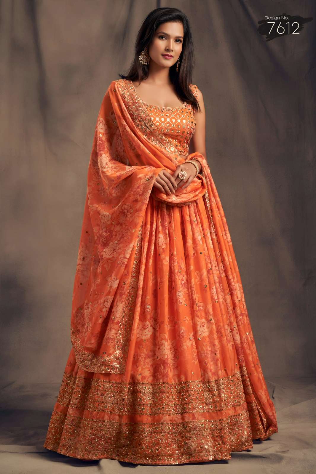 Zeel presents 7612 Organza lehenga with Floral Print, Sequins & Zari Embroidery Work