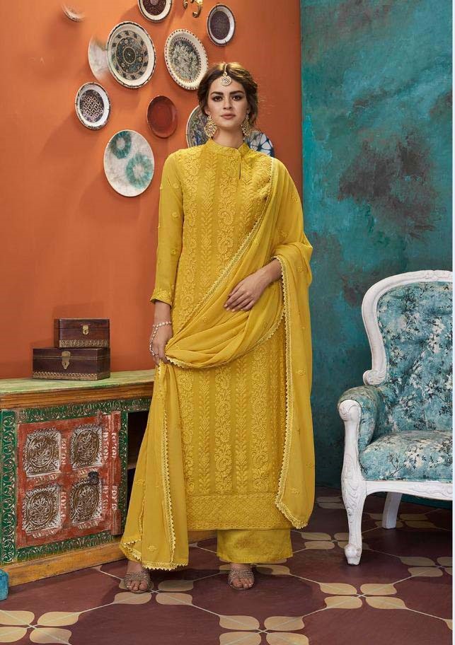 Cotton Lakhnavi Work Pant Style Suit In Yellow Colour - SM5640045