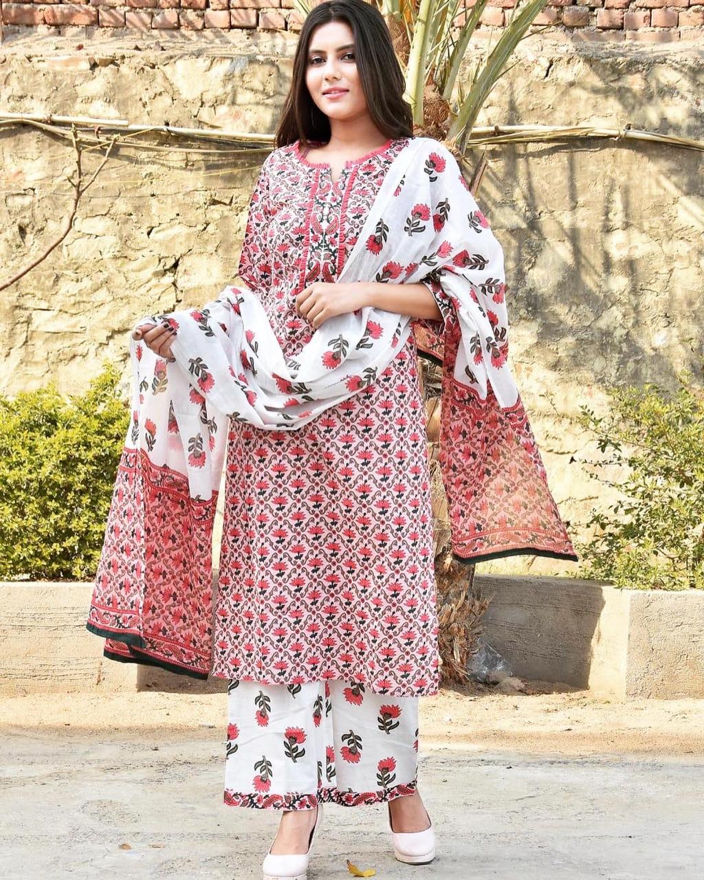 Indian Designer Beautiful Cotton Blend Ethnic Style Kurti With Dupatta Pant  Suit for Women With Digital Print Dupatta -  Israel