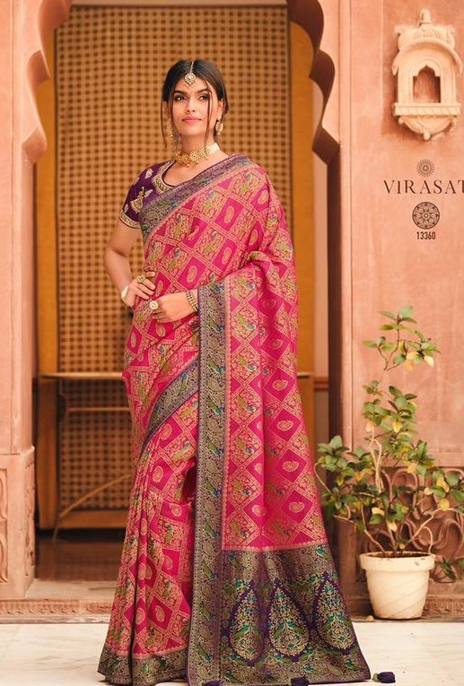 Royal Reddish Pink Kanjeevaram Saree With Golden Green Pallu – Ishita  Collection