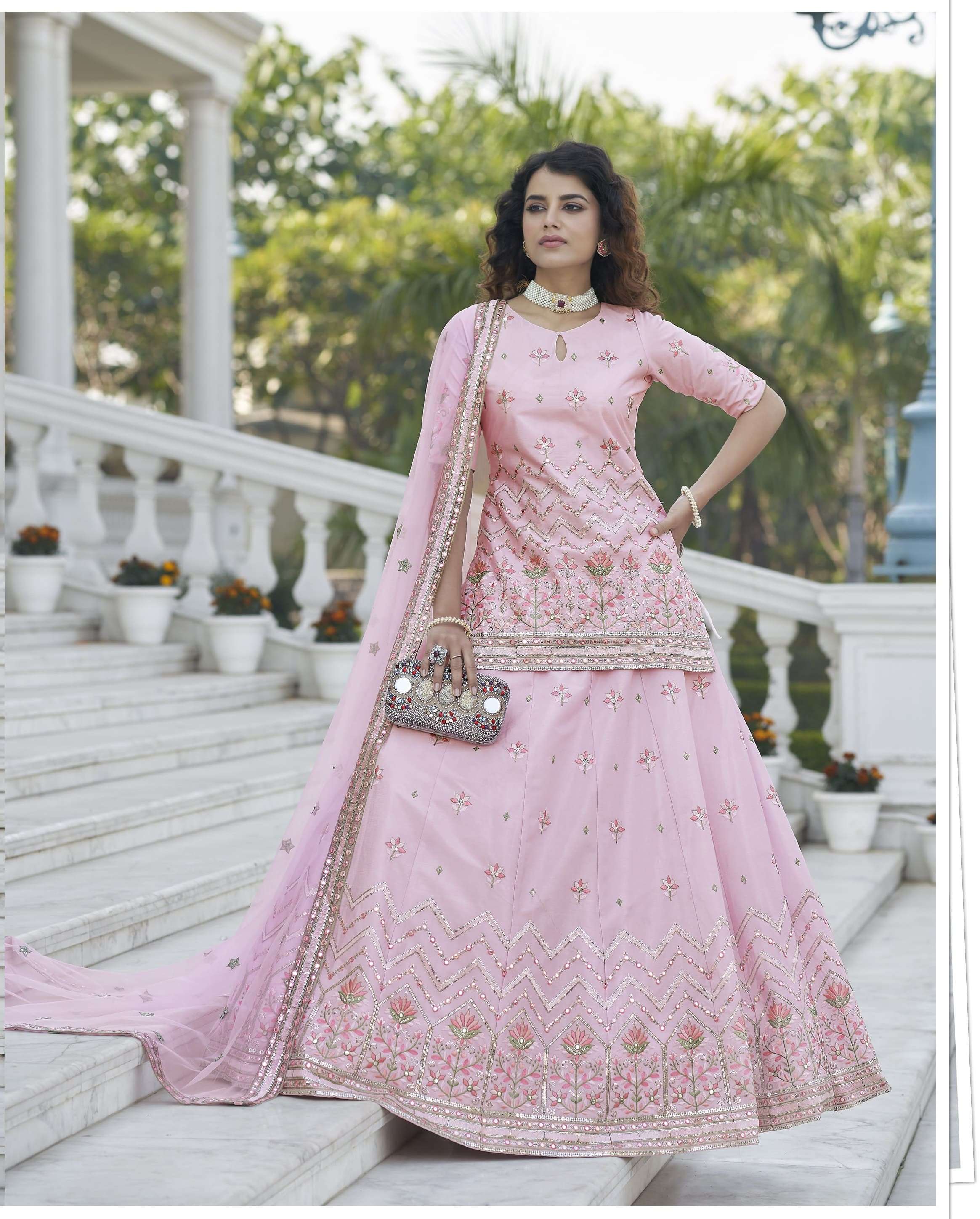 Bridal Ghagra Choli Onion Pink with all over work and Designer Sleeves -  MemSaheb