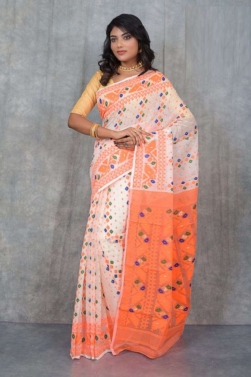 Traditional Tan Red Korat Soft Dhakai Jamdani Saree - Angoshobha - 4035192