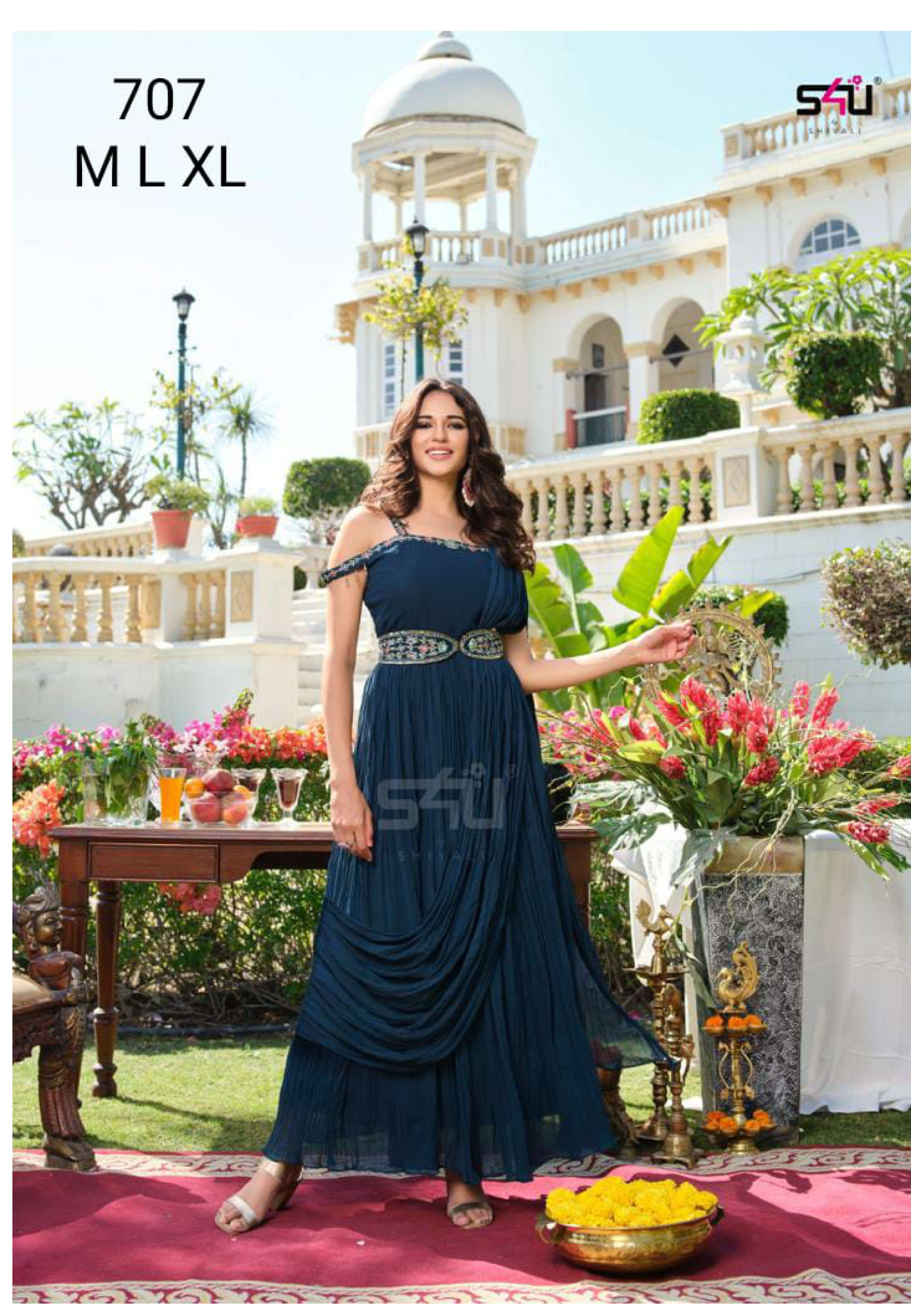 RE - Dark Blue Coloured Party Wear Georgette Gown With Dupatta