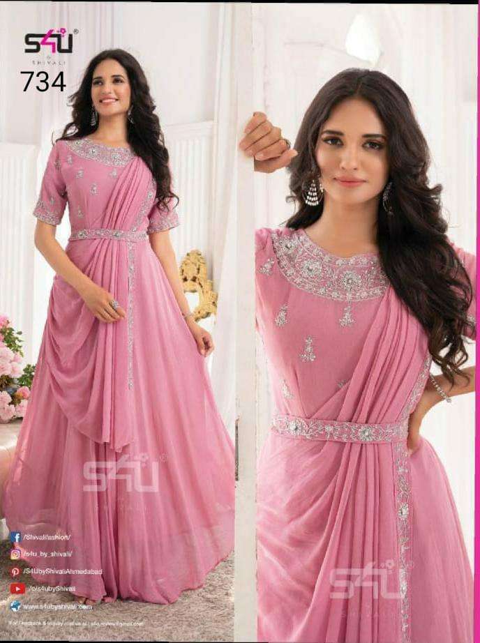 Pink georgette embroidery indian party gown with dupatta - maxi gown ,
