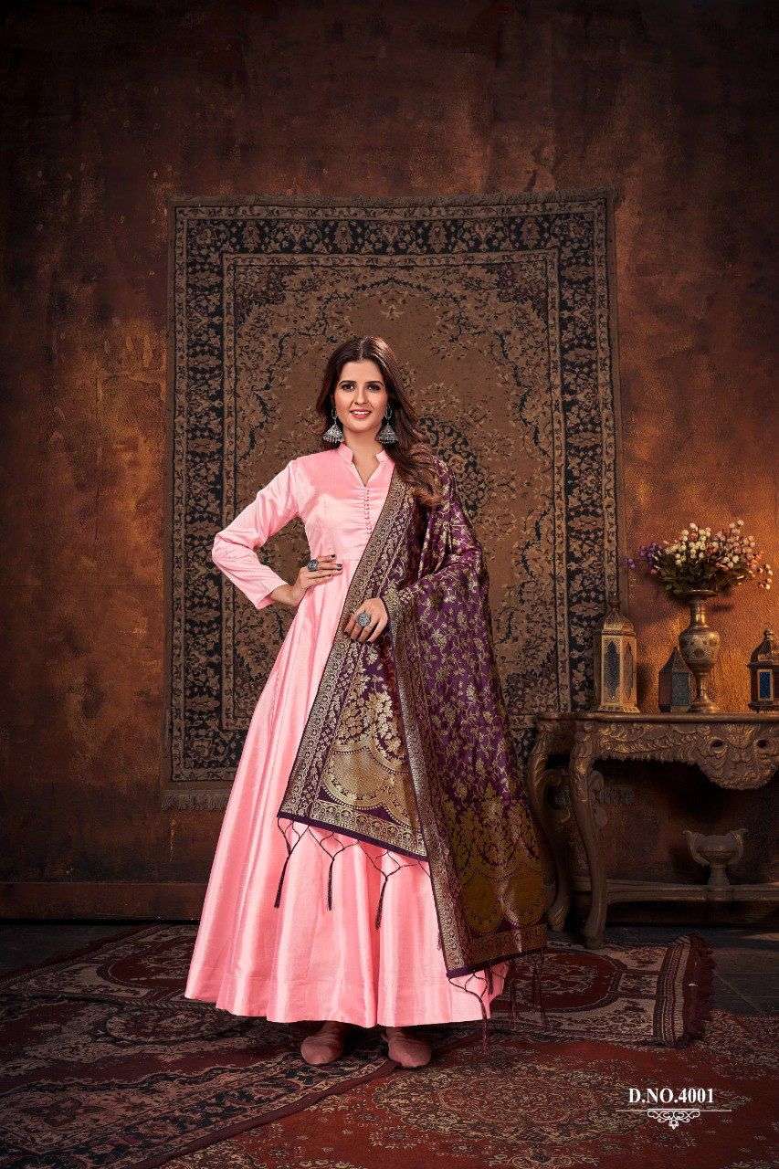 Womayas Arose Flair Story Fancy Silk Gown Dupatta Set Festive Collection