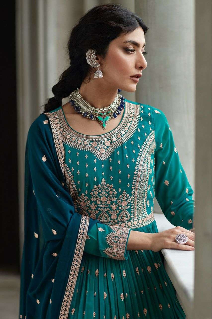 Peacock Blue Designer Embroidered Wedding Anarkali Suit