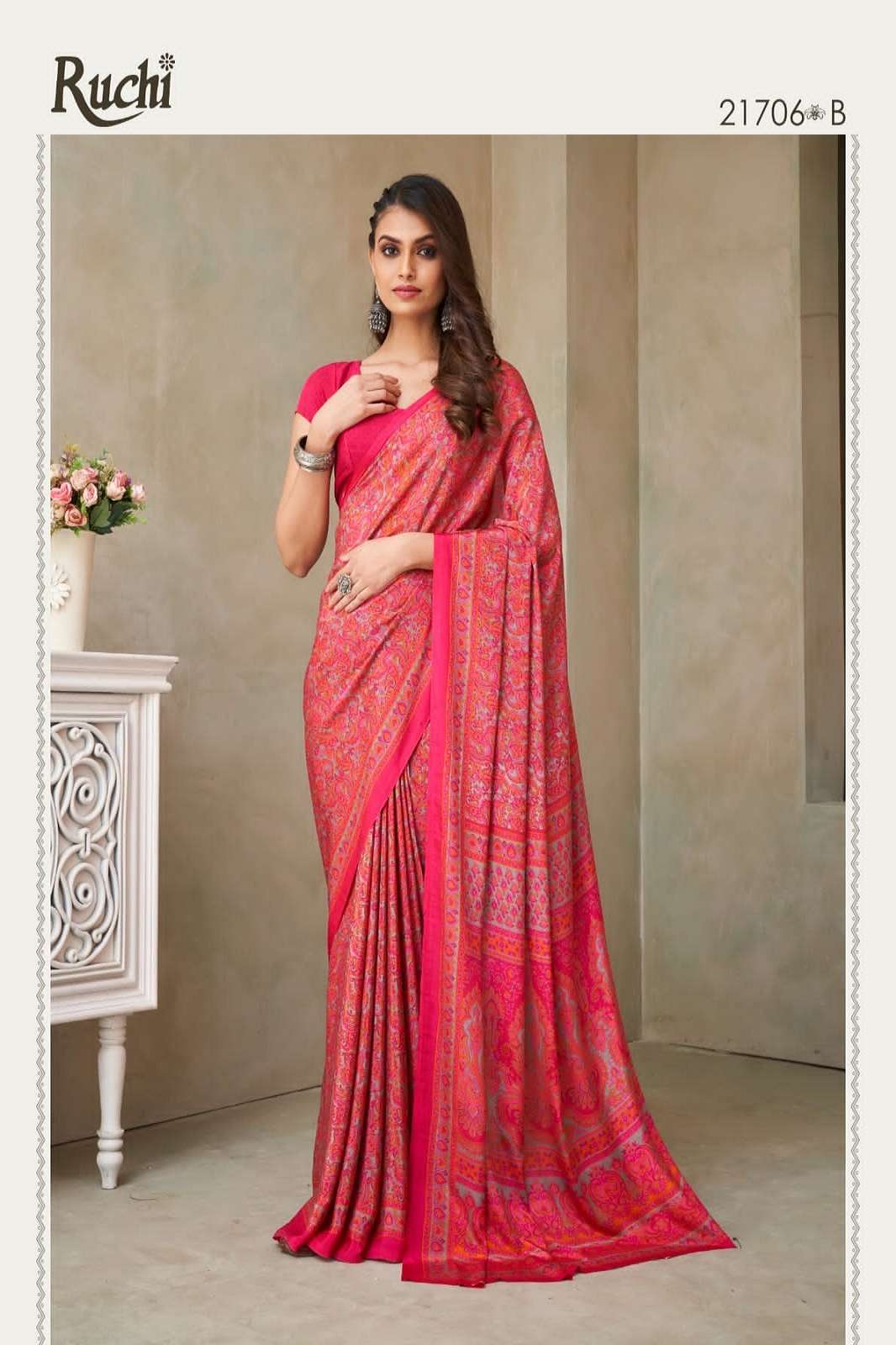 Uniform Sarees Corp Pink Women's Premium Silk Crepe Floral Print Jewellery  Formal Wear (PIN) Uniform Sarees With Blouse Piece : Amazon.in: Fashion