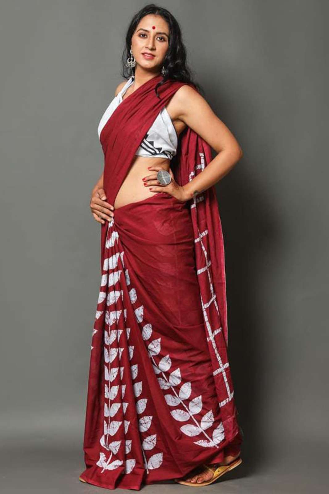 Bagru Block Print Cotton mulmul Sarees With Running White HS-5084 main image 1