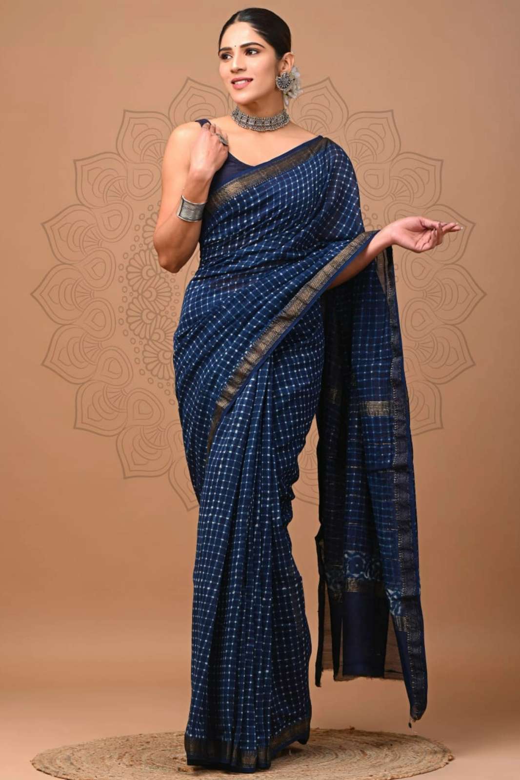 Hand Block Print Maheshwari Silk Saree