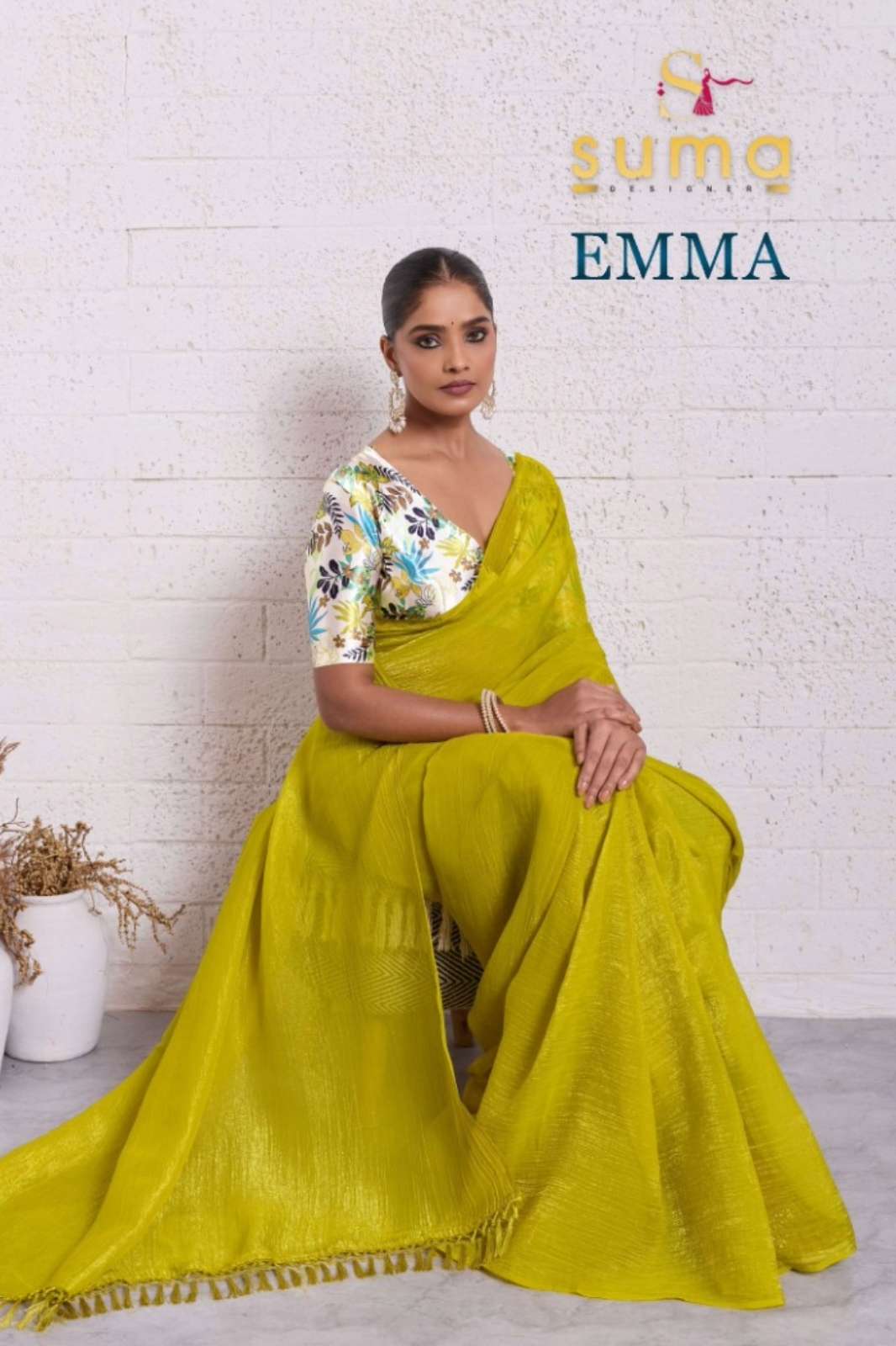 SHRI BALAJI PRESENTS EMMA SOLID SAREE WITH PRINTED BLOUSE COLLECTION
