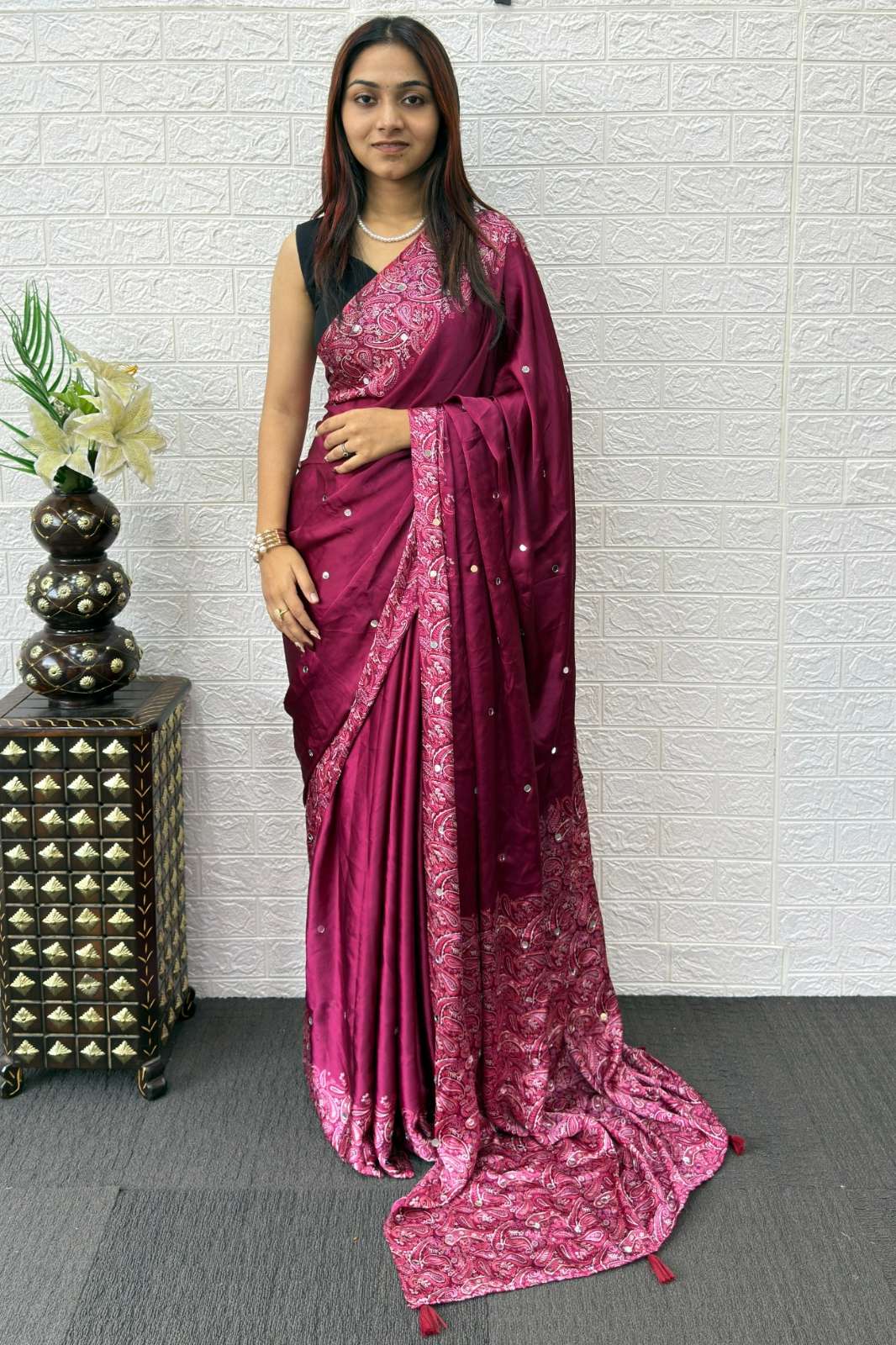 Balaji Emporium SF 23252 Premium Japan Satin Silk Mirror Work Printed Saree