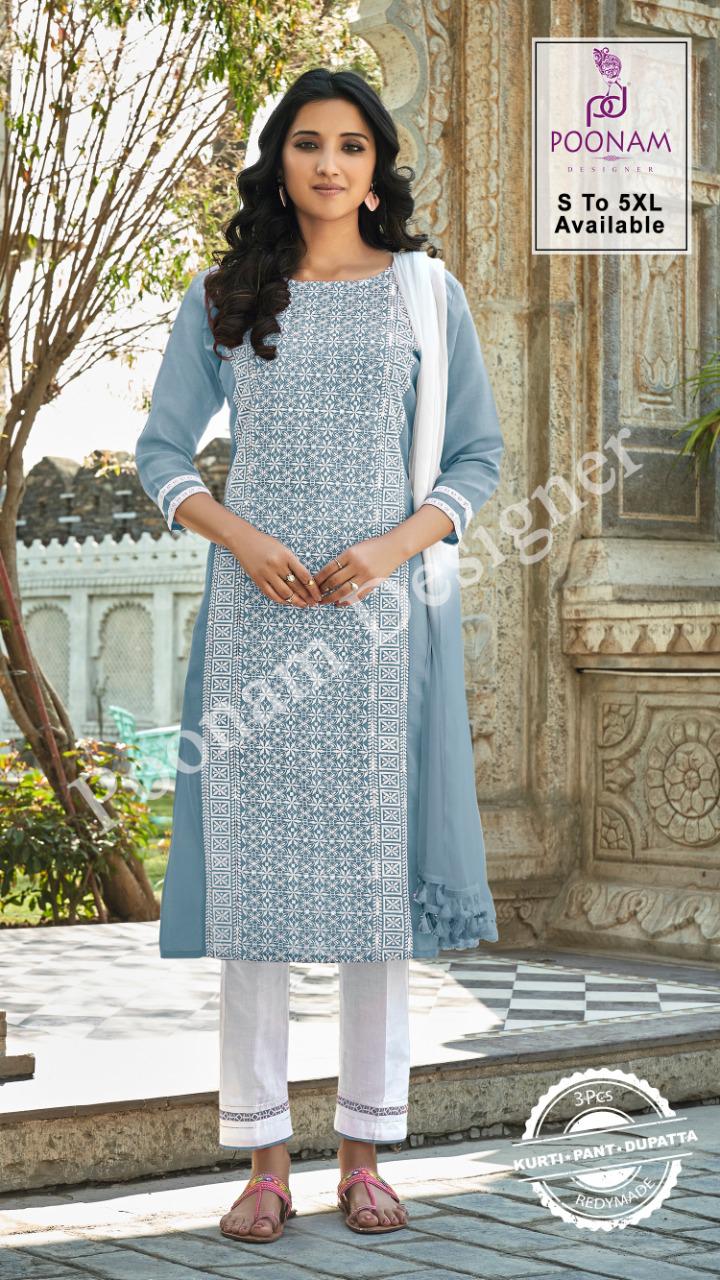 Buy Poonam White Fancy Kurti Pant With Dupatta Collection