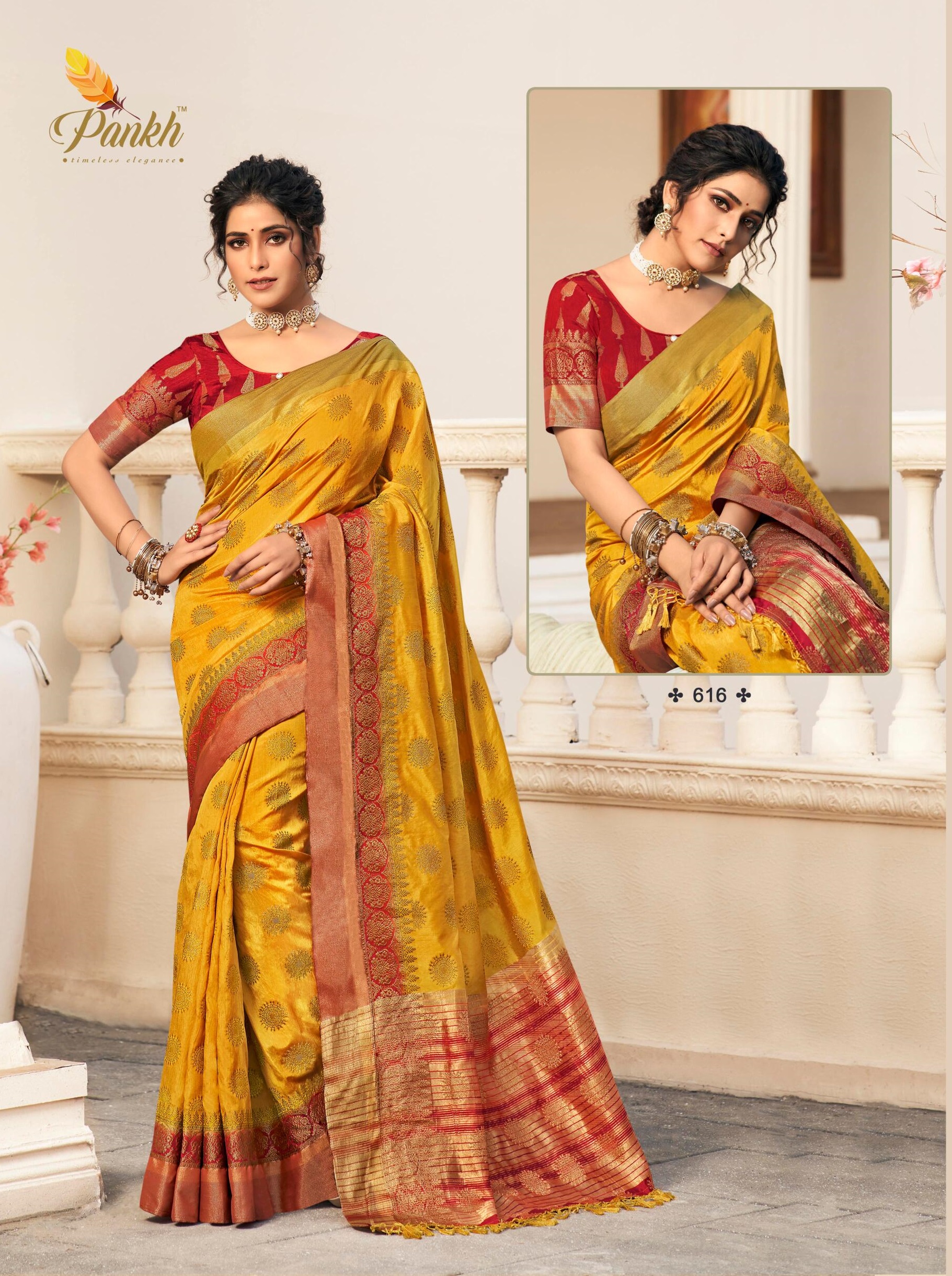 Orange hand woven nylon saree with blouse - Pink Lotus Creation